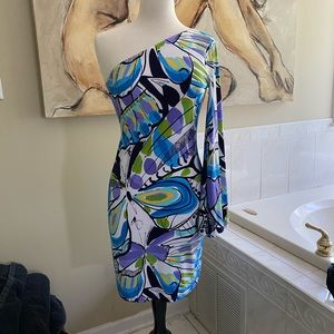 Joseph Ribkoff Knit One Shoulder Bell Sleeve Dress